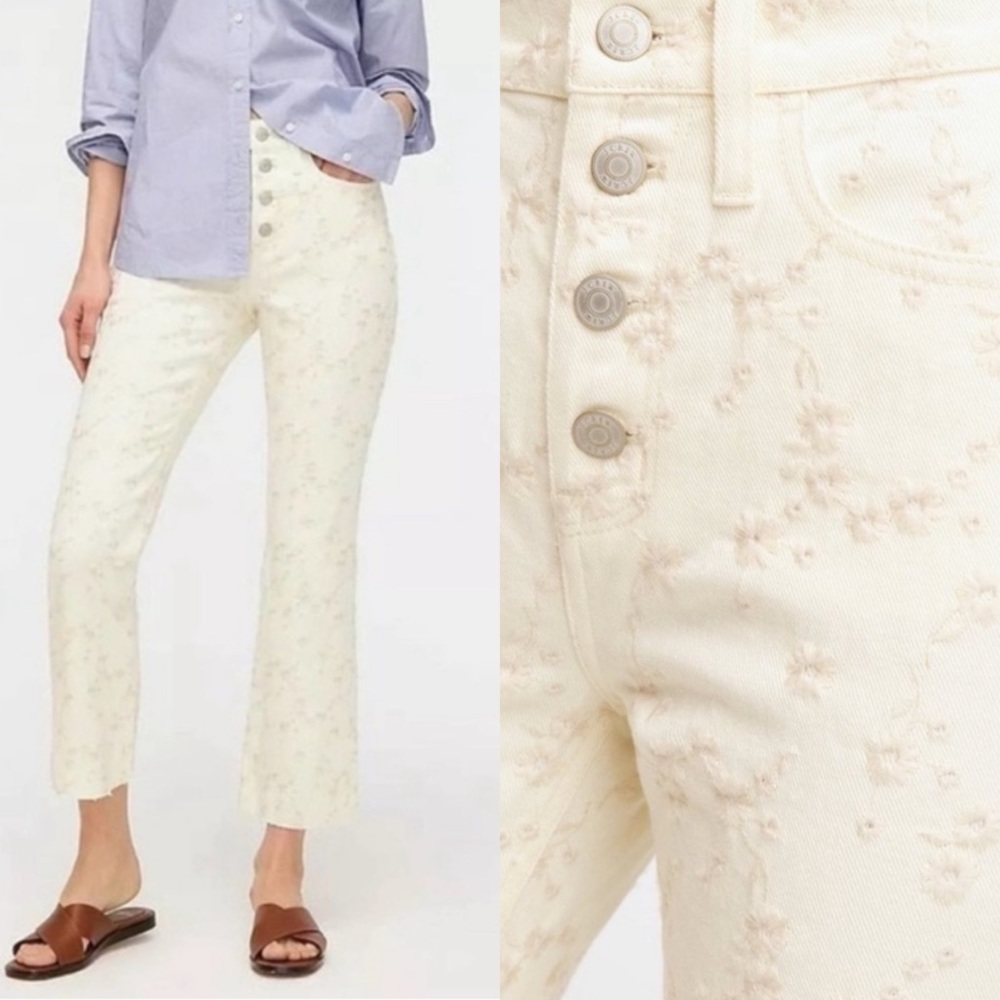 NWT J. Crew Eyelet Billie Demi-Boot Crop Jean Cream Floral Button Fly